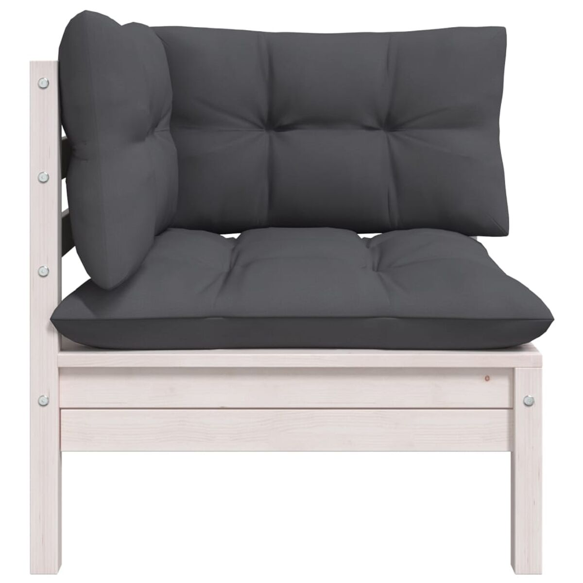 Ein weißes Ecksofa aus Holz mit einem dunkelgrauen Kissen.