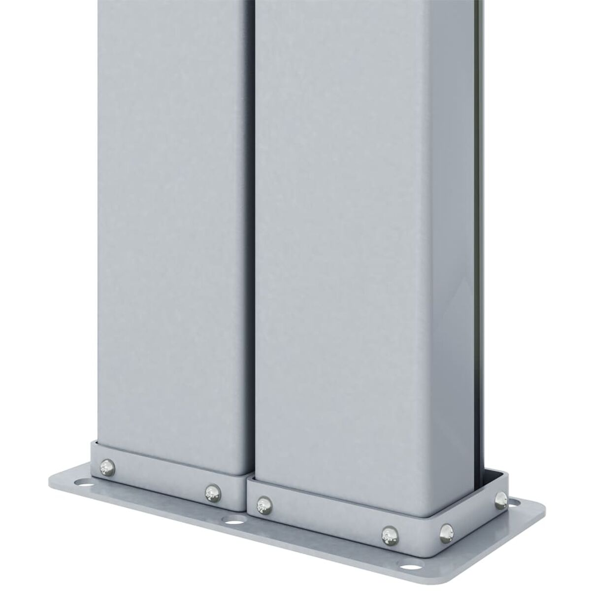 Zwei silberne Metallpfosten sind an einer Basis verschraubt. Nieten sichern die Basis.