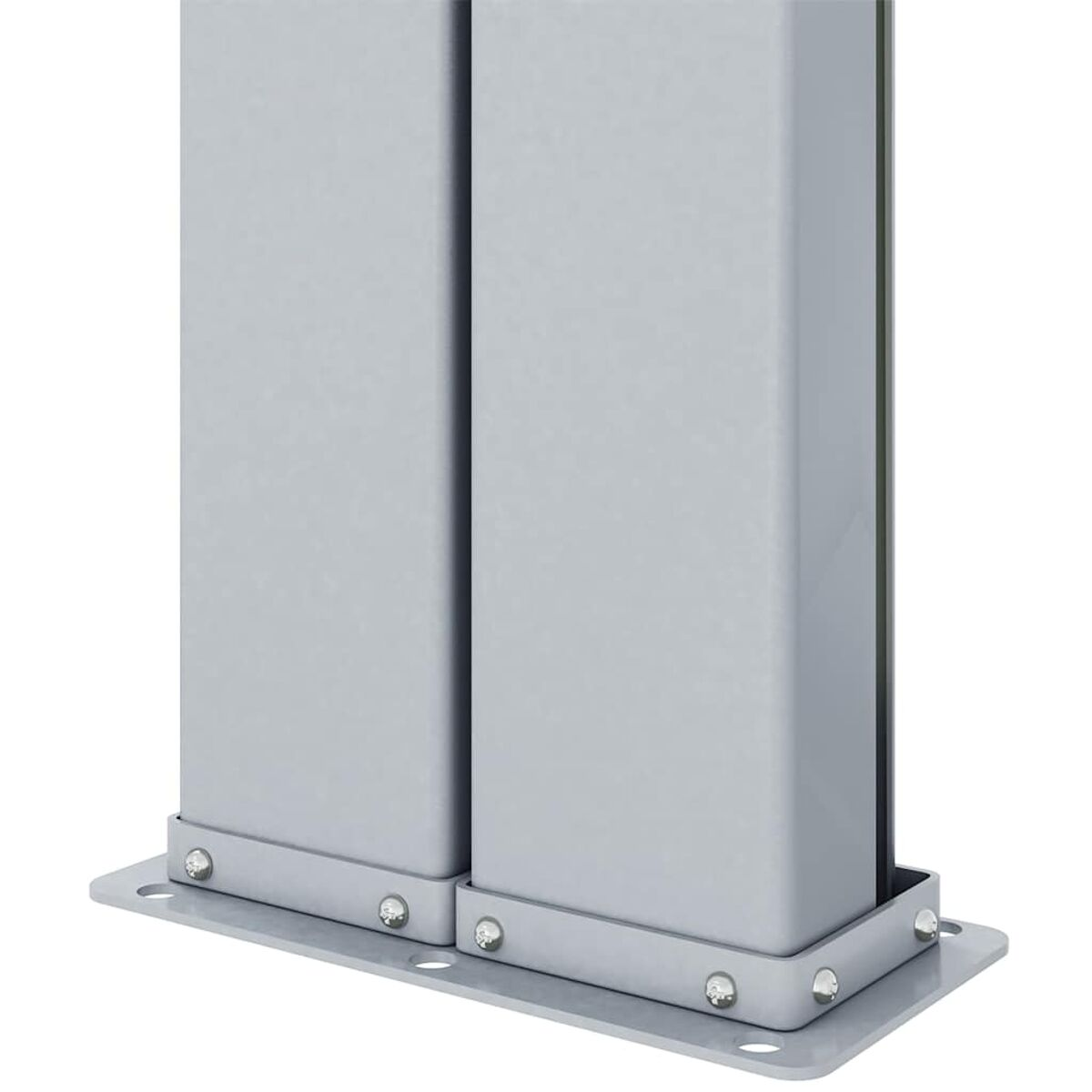 Zwei rechteckige Metallpfosten sind an einer Basis verschraubt, silberne Schraubenköpfe sichtbar.