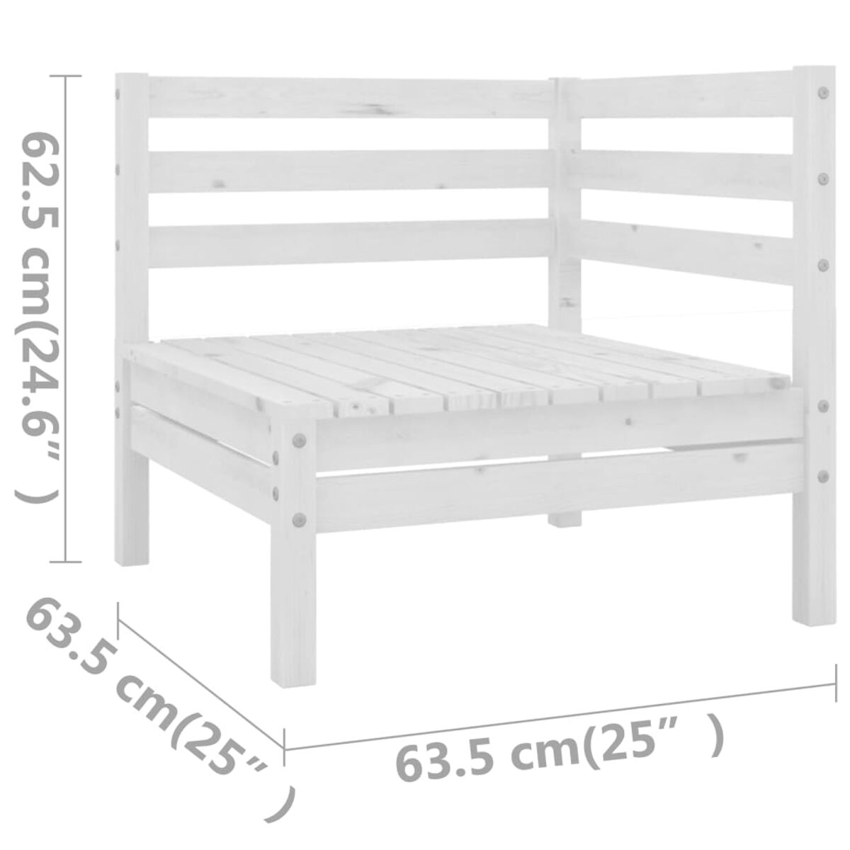 Weißer Eckstuhl für den Außenbereich aus Holz mit Maßen. Weißer Hintergrund.