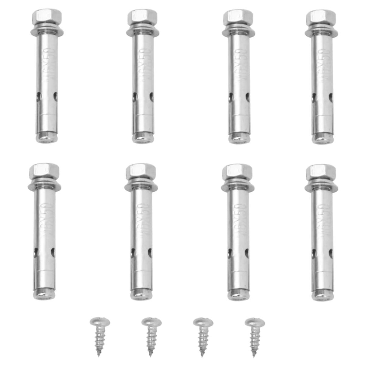 Satz von acht Metallschrauben mit Sechskantkopf und vier Schrauben. Alle sind glänzend und neu.