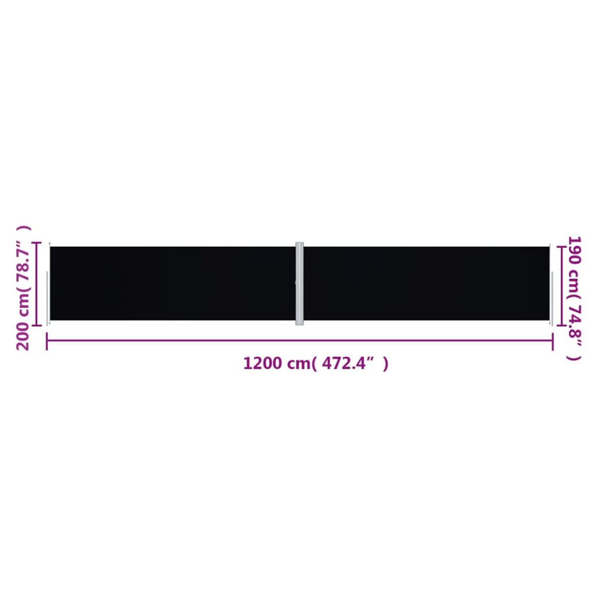 Ein langes, schwarzes, rechteckiges Objekt mit den Maßen 1200 cm und 200 cm auf weißem Hintergrund.