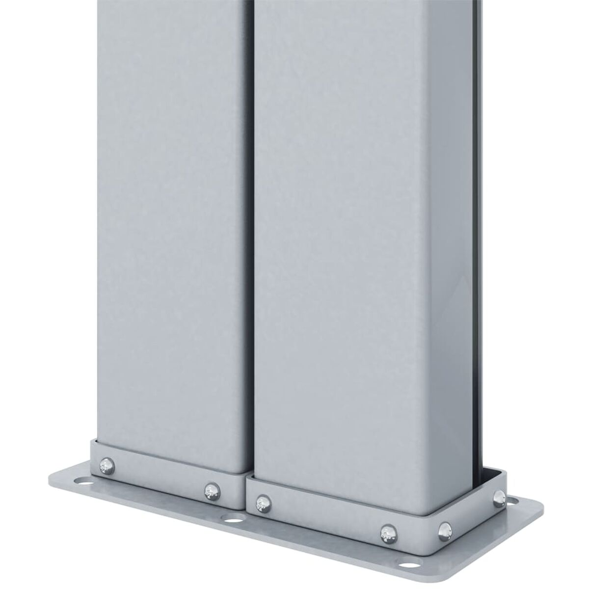 Metallbasis mit Säulen, Bolzen und Nieten. Die Basis ist silberfarben, die Säulen sind grau.