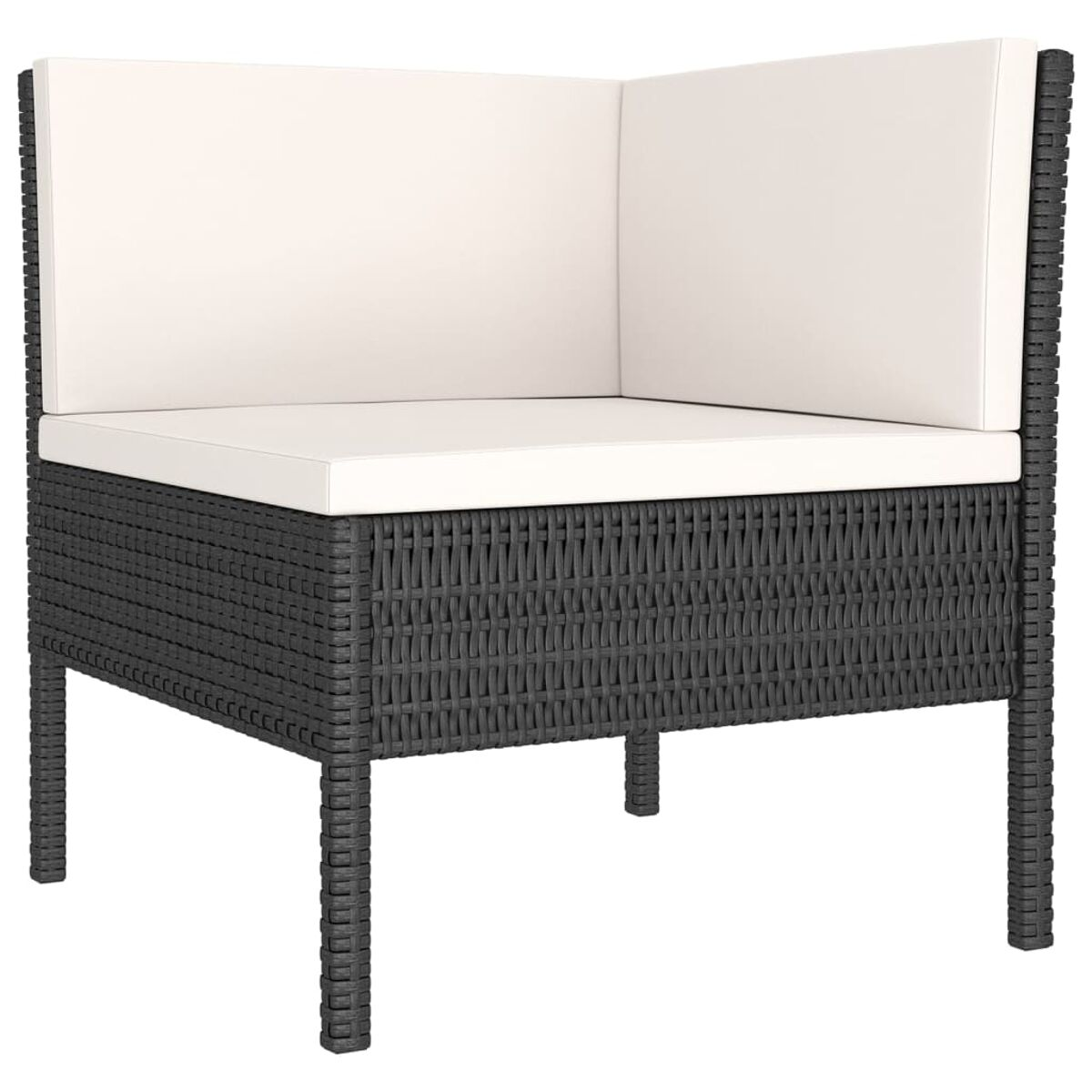 Schwarzes gewebtes Ecksofa mit weißem Kissen. Das Sofa hat eine gewebte Textur.