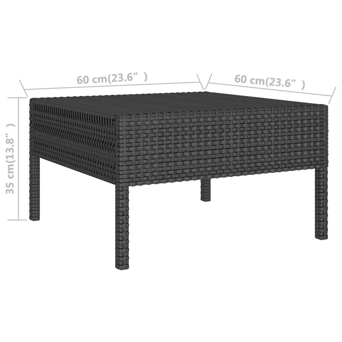 Ein quadratischer, schwarzer Korbtisch mit Beinen. Abmessungen sind in cm und Zoll angegeben.
