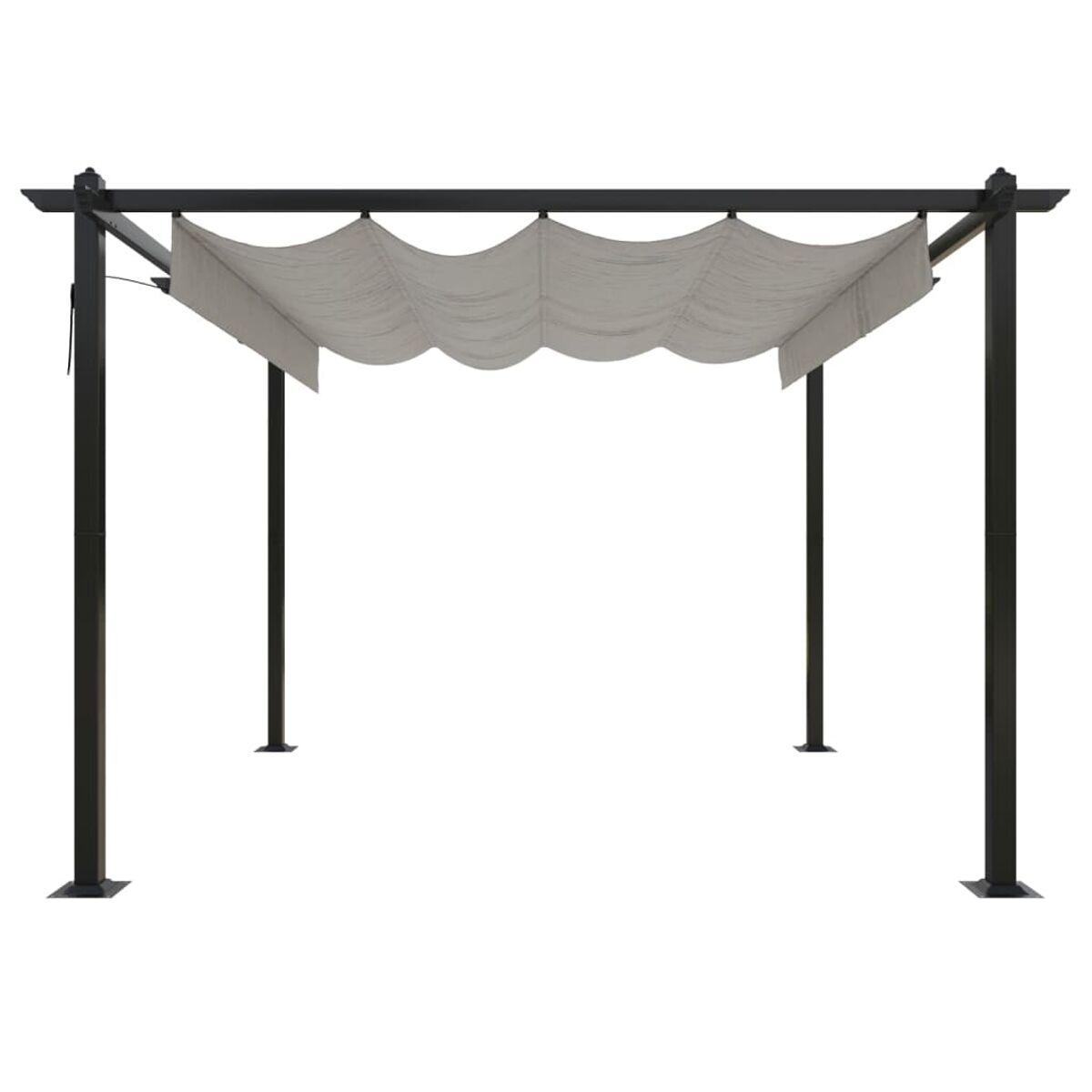 Schwarze Pergola mit weißem Stoffdach. Vier schwarze Pfosten tragen die Struktur.