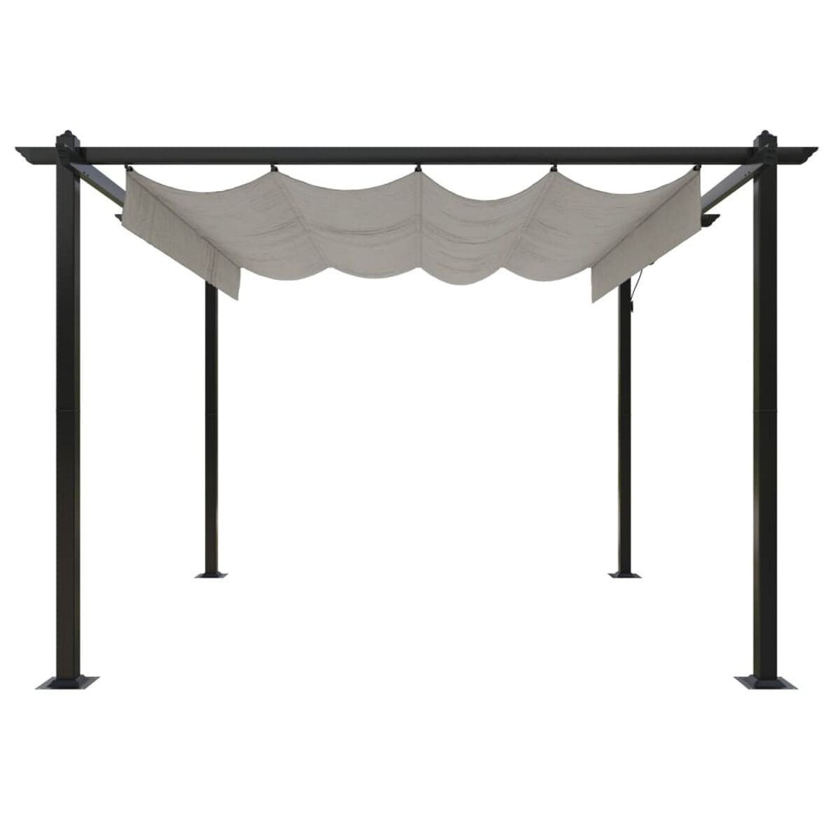 Schwarze Pergola mit weißem Baldachin. Vier schwarze Pfosten. Weißer Hintergrund.