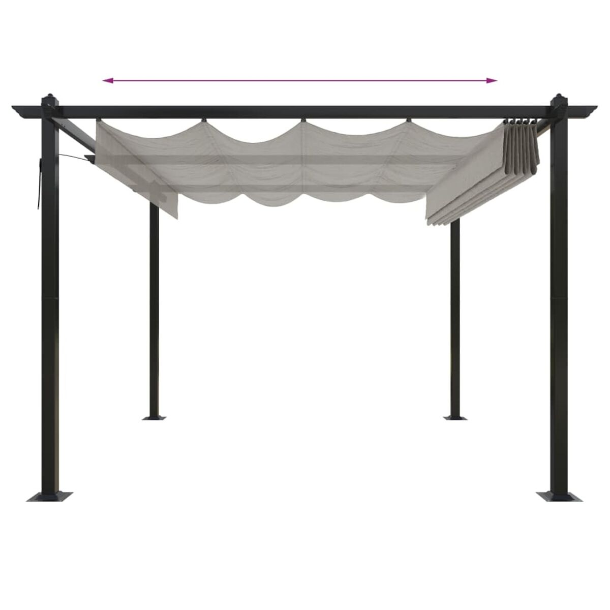 Eine Pergola mit einem einziehbaren grauen Vordach.