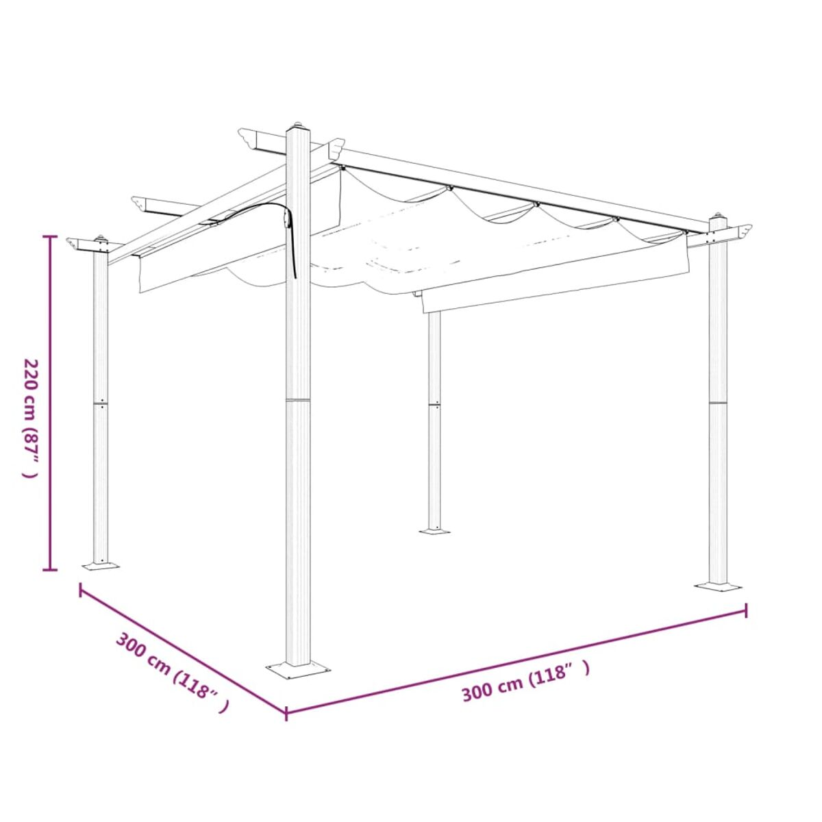 Weiße Pergola mit Segeltuchdach, mit Maßangaben, auf weißem Hintergrund.