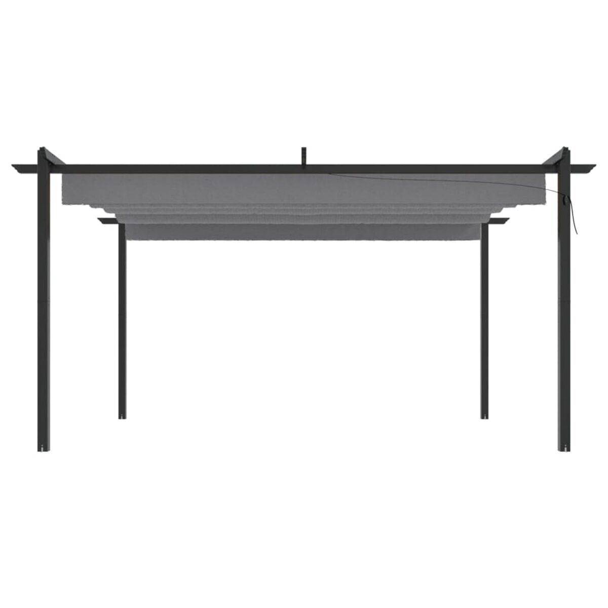 Schwarze Pergola mit einem einziehbaren grauen Baldachin. Die Struktur hat vier vertikale Stützen.