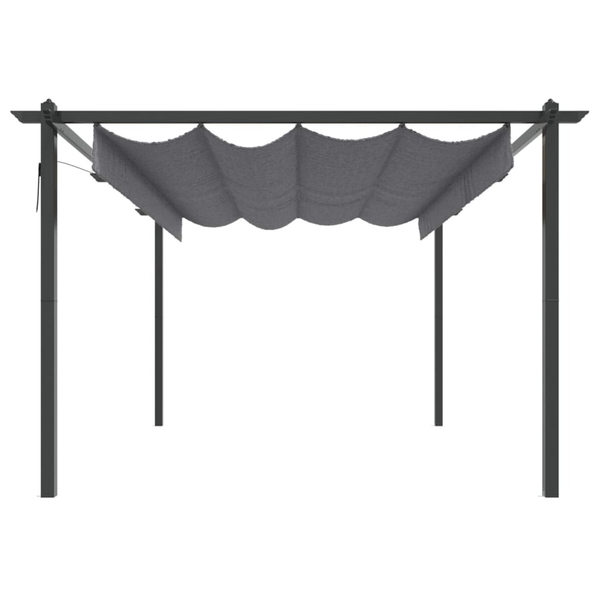 Pergola mit grauem Stoffschatten, auf weißem Hintergrund.