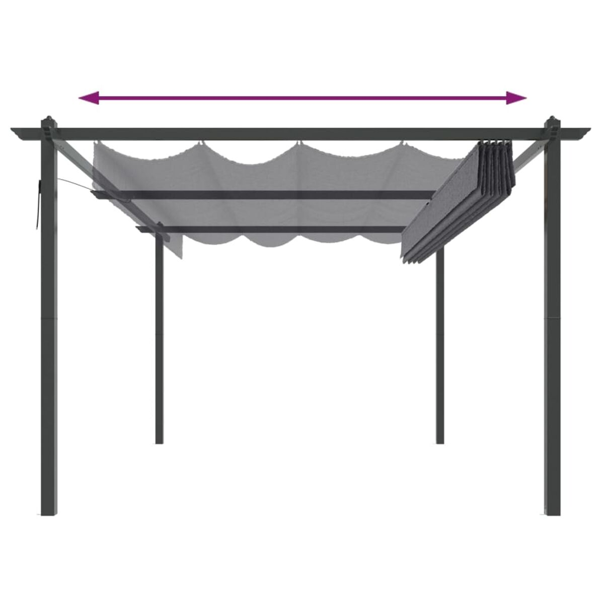 Pergola-Struktur mit einem einziehbaren grauen Baldachin, getragen von vier Pfosten.