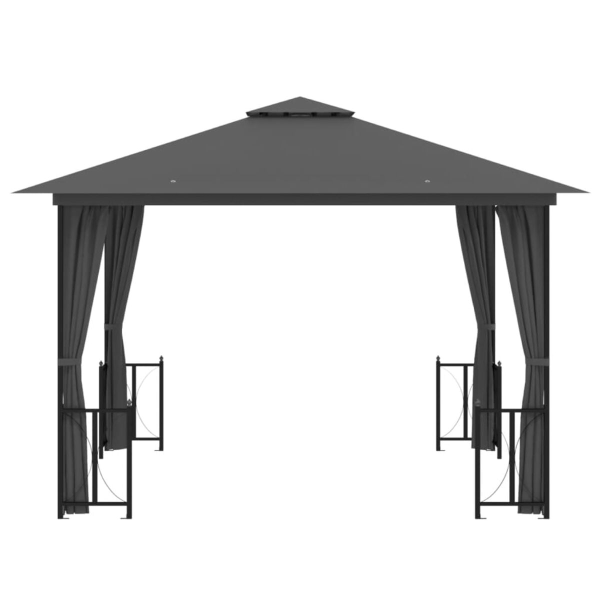 Ein dunkelgrauer Pavillon mit Vorhängen und dekorativen Stützen.