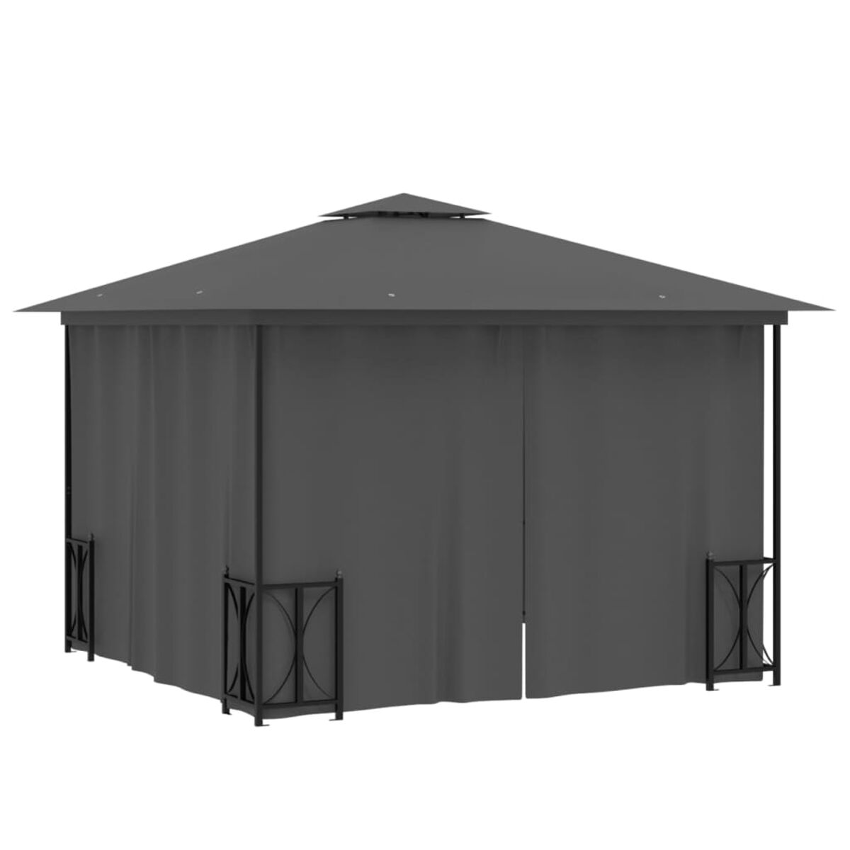 Grauer Pavillon mit spitzem Dach, Vorhängen und dekorativen schwarzen Metallstützen.