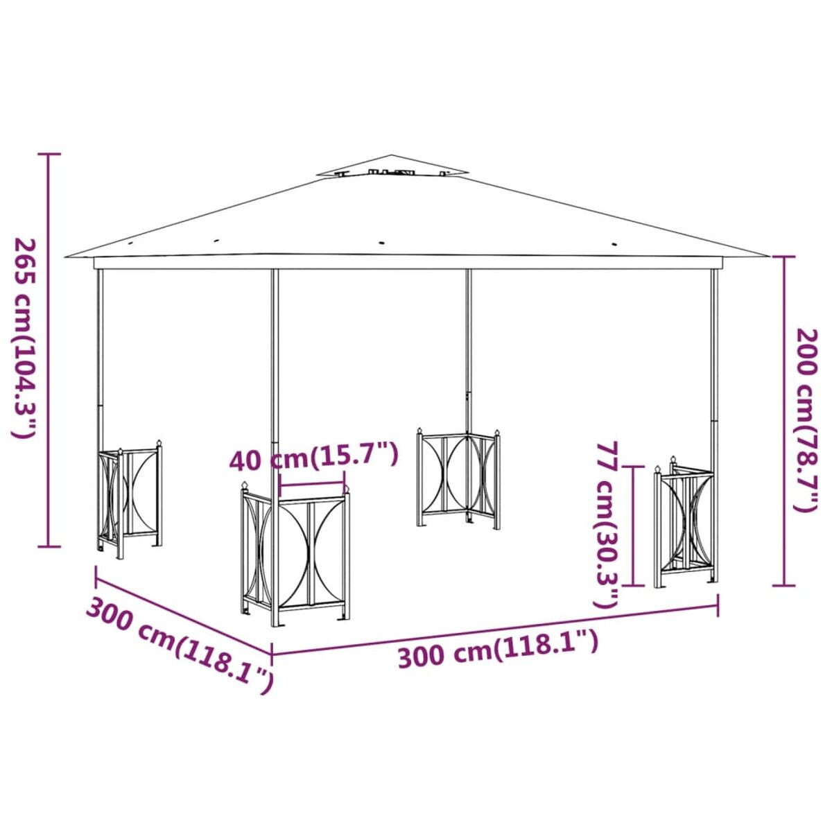 Pavillon-Abmessungen mit Maßen in cm und Zoll beschriftet.