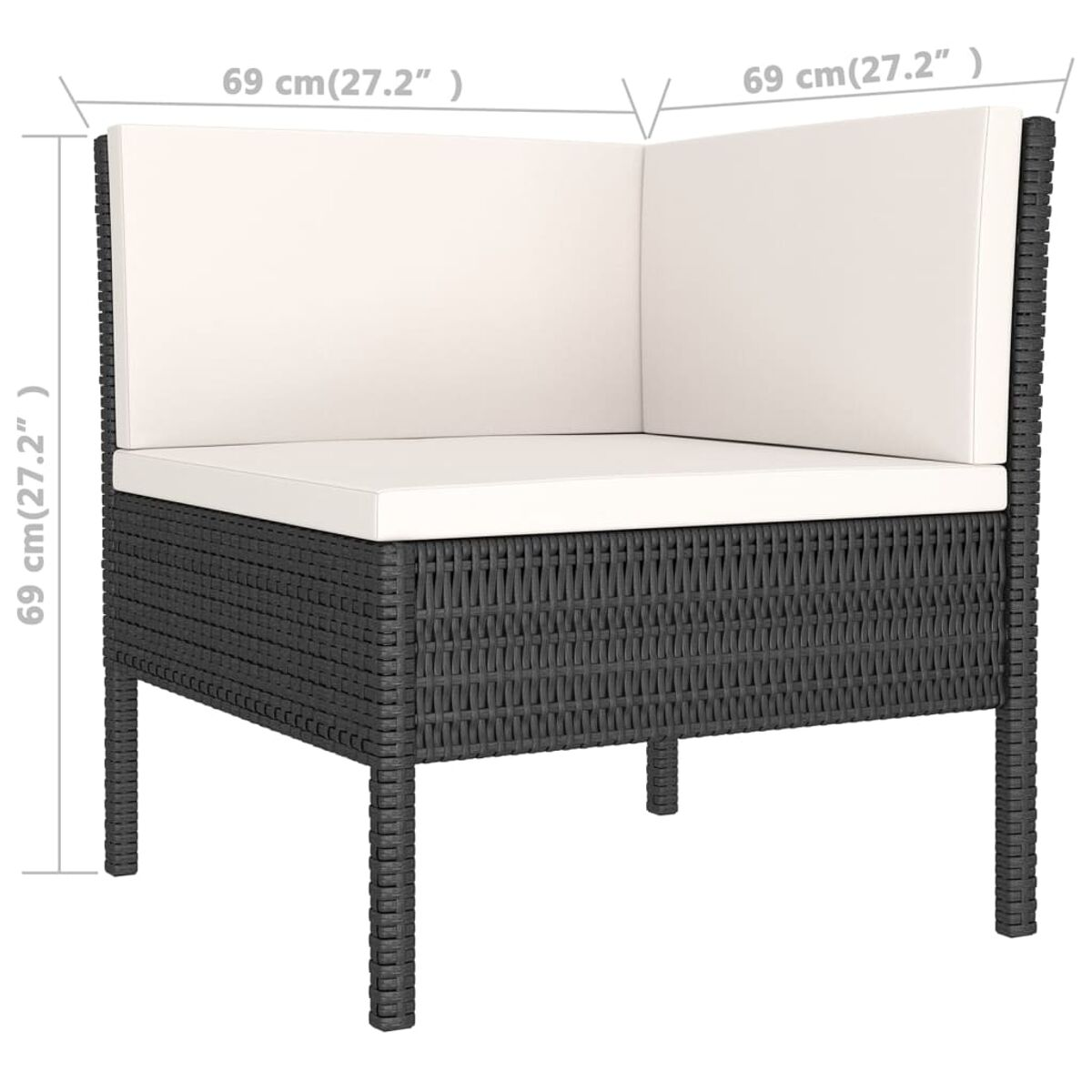 Ecksofa aus gewebtem, dunkelgrauem Material. Abmessungen sind in cm und Zoll angegeben.