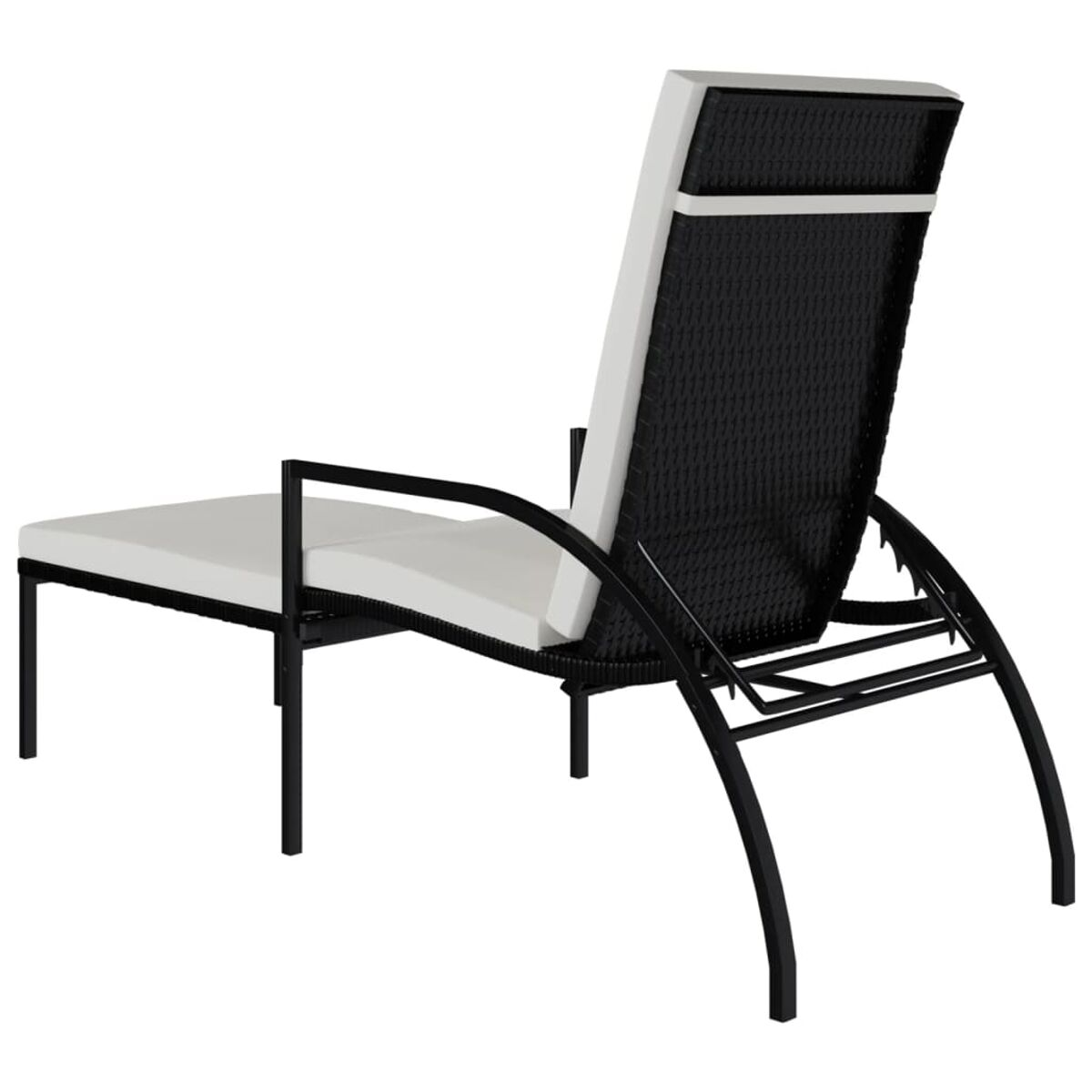 Schwarz-weißer Outdoor-Loungesessel. Weißes Kissen, schwarzer Rahmen, nach oben abgewinkelt.