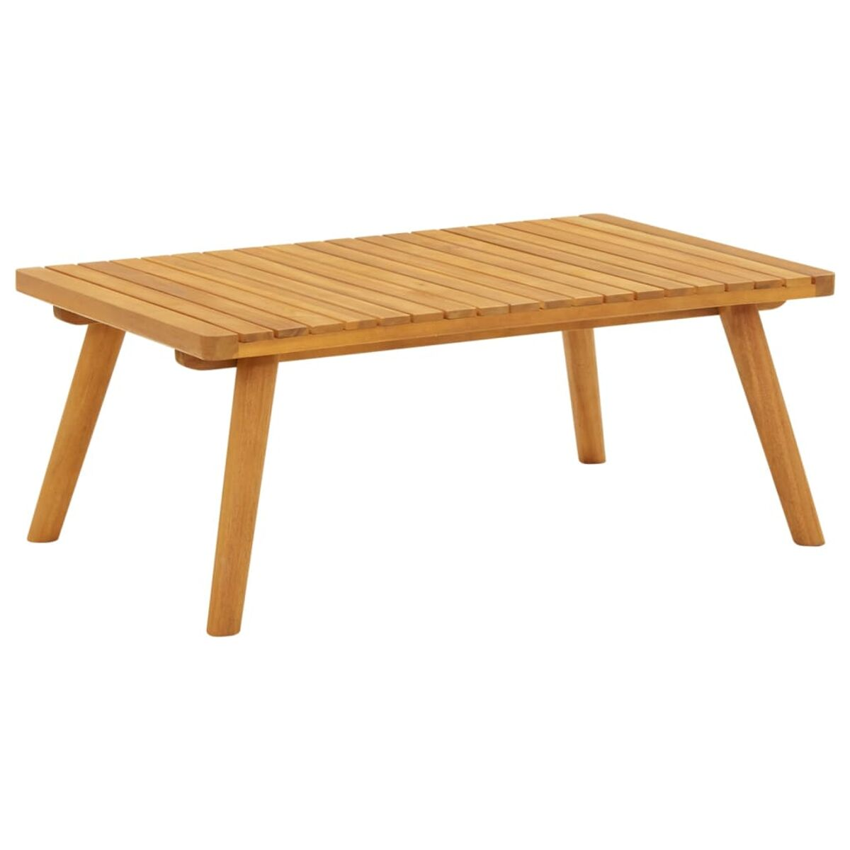 Rechteckiger Kaffeetisch aus Holz mit Lattenrost und abgewinkelten Beinen.