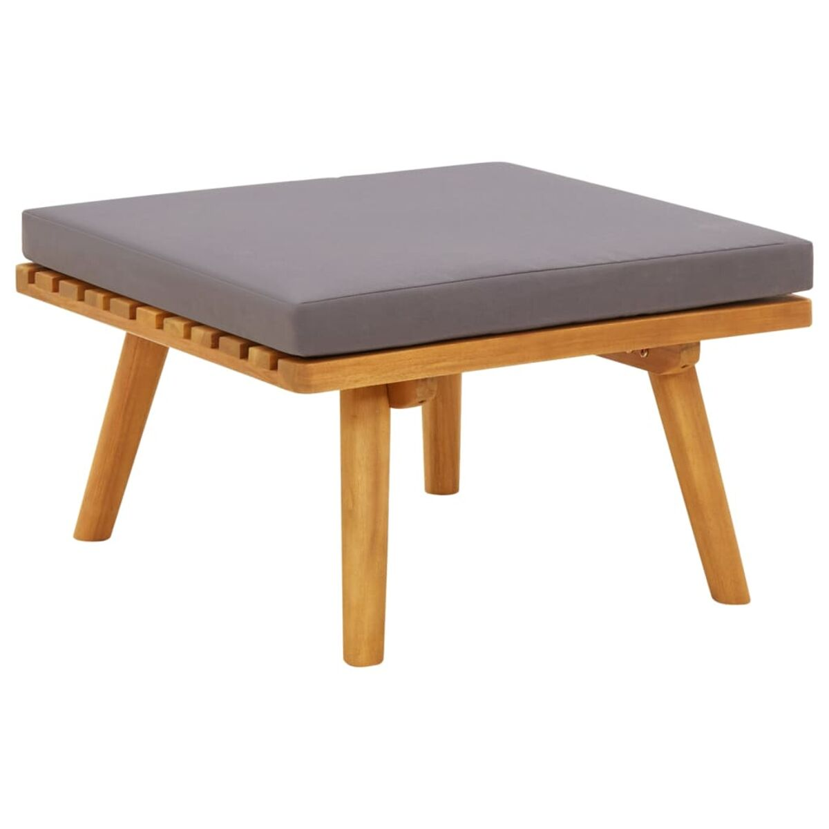 Quadratische Holz-Ottomane für draußen mit grauem Kissen.