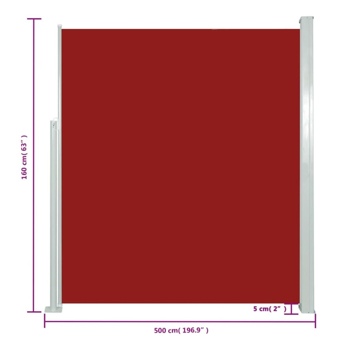 Roter Outdoor-Bildschirm mit beschrifteten Abmessungen. Weißer Rahmen mit Maßen in cm und Zoll.
