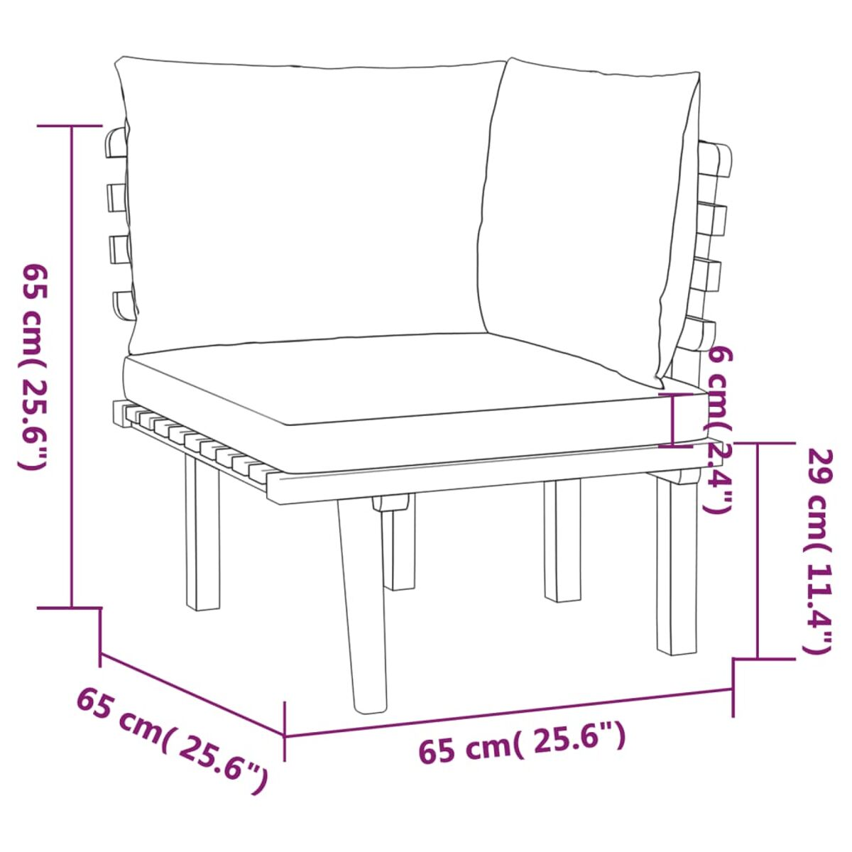 Diagramm eines Eckstuhls mit Maßangaben.