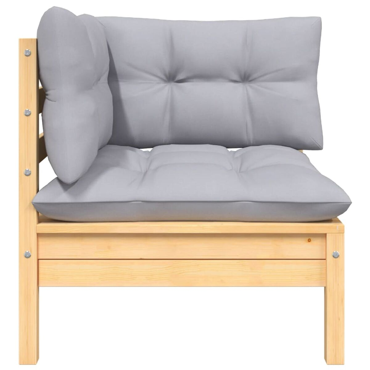 Ecksofa aus hellem Holz mit grauen Kissen, vor weißem Hintergrund.