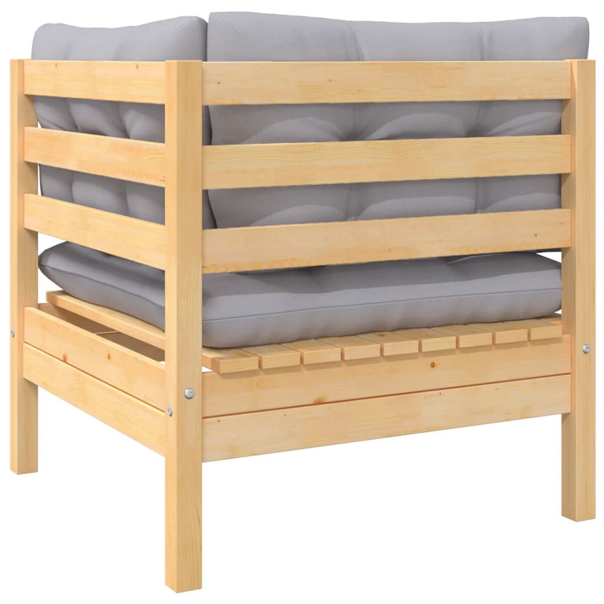 Quadratisches Holzsofa mit grauen Kissen. Helles Holzgestell. Quadratische Form, zwei Kissen hinten, eines auf dem Sitz.
