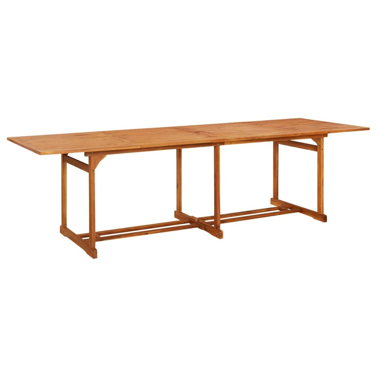 Holztisch mit einer langen rechteckigen Form. Das Holz hat eine hellbraune Farbe. Weißer Hintergrund.