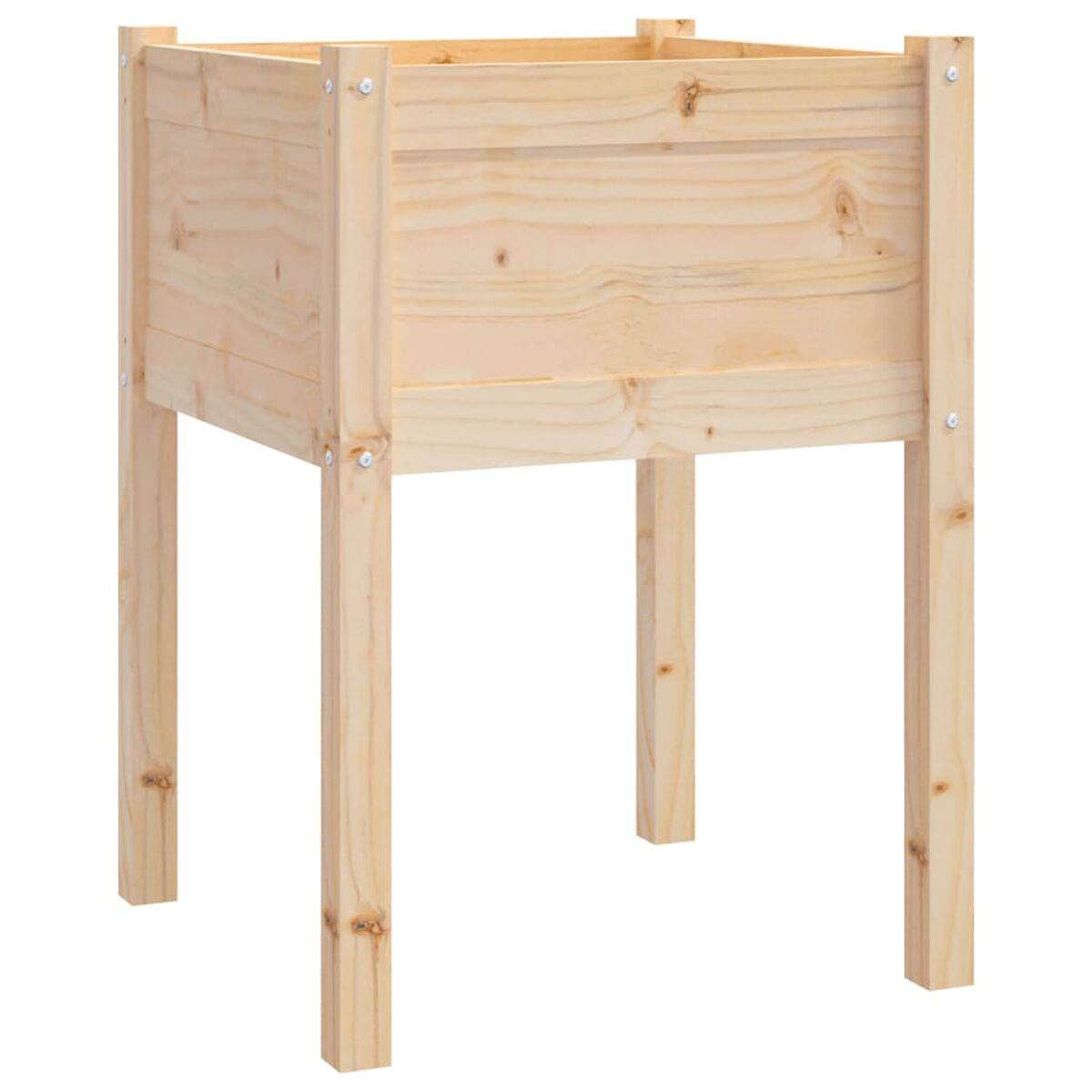 Ein Pflanzkasten aus Holz auf Beinen. Er ist naturfarben.