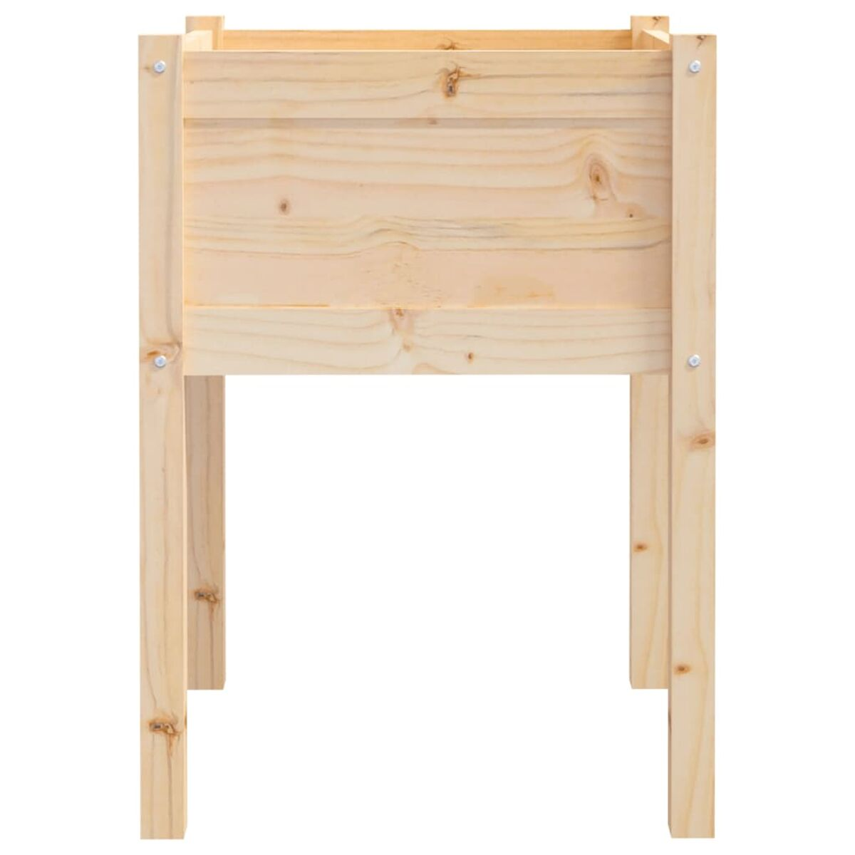 Holzpflanzer mit vier Beinen. Hellbraune Farbe. Zum Halten von Pflanzen. Es ist leer.