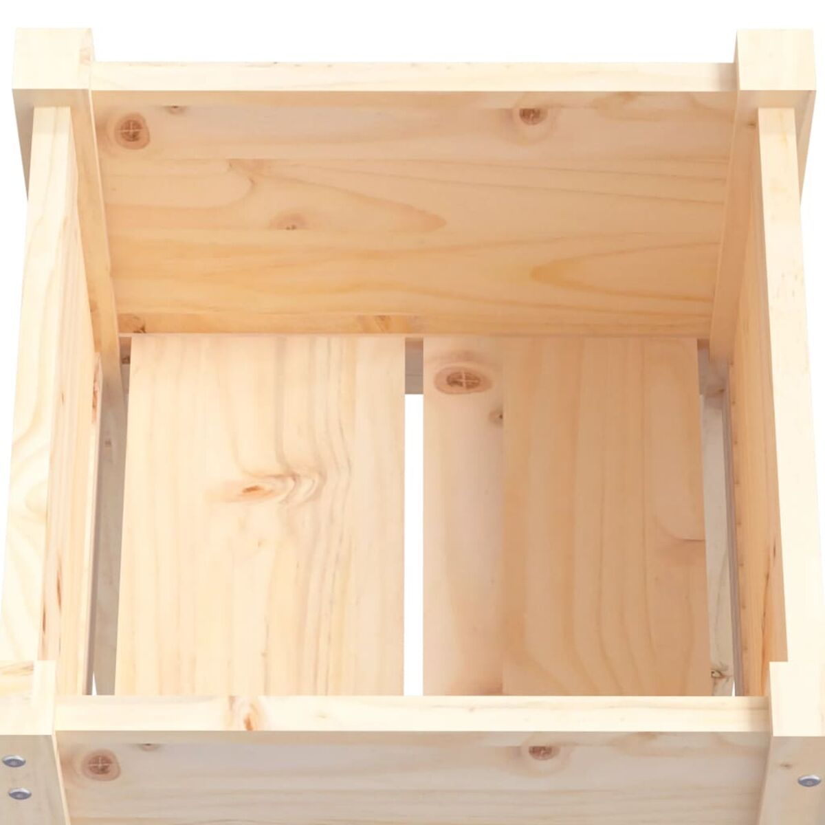 Holzkiste von oben. Hellbraun. Zeigt Struktur mit vertikalen und horizontalen Holzpaneelen.