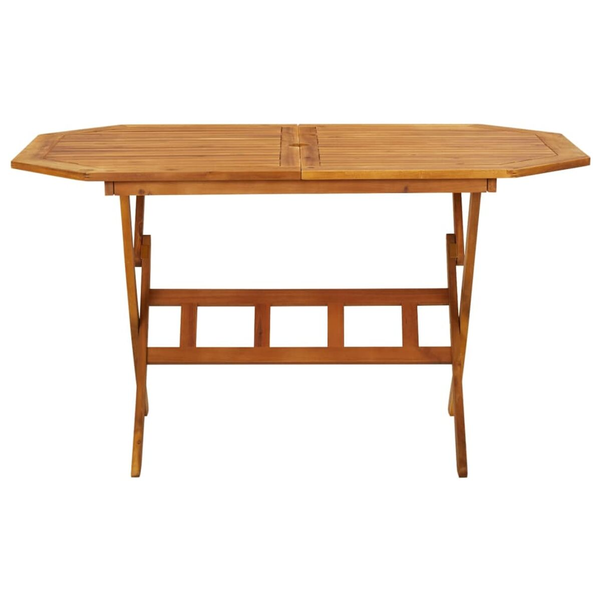 Ein hölzerner Klapptisch. Der Tisch hat eine braune Holzoberfläche und eine achteckige Form.