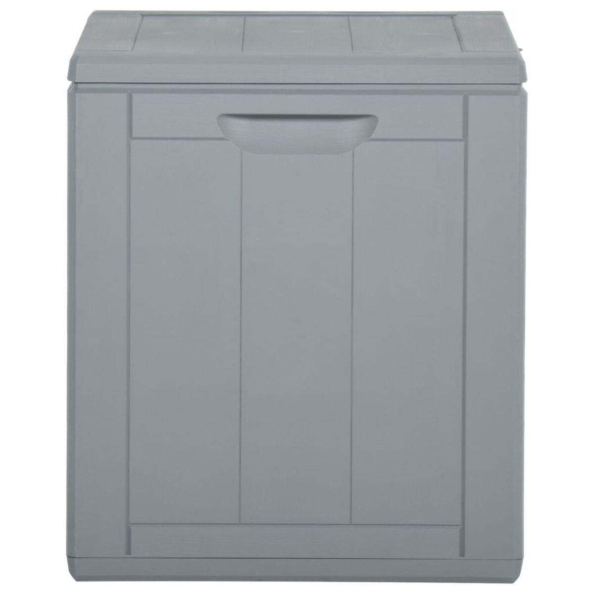 Eine graue Aufbewahrungsbox für den Außenbereich mit Deckel. Vor weißem Hintergrund.