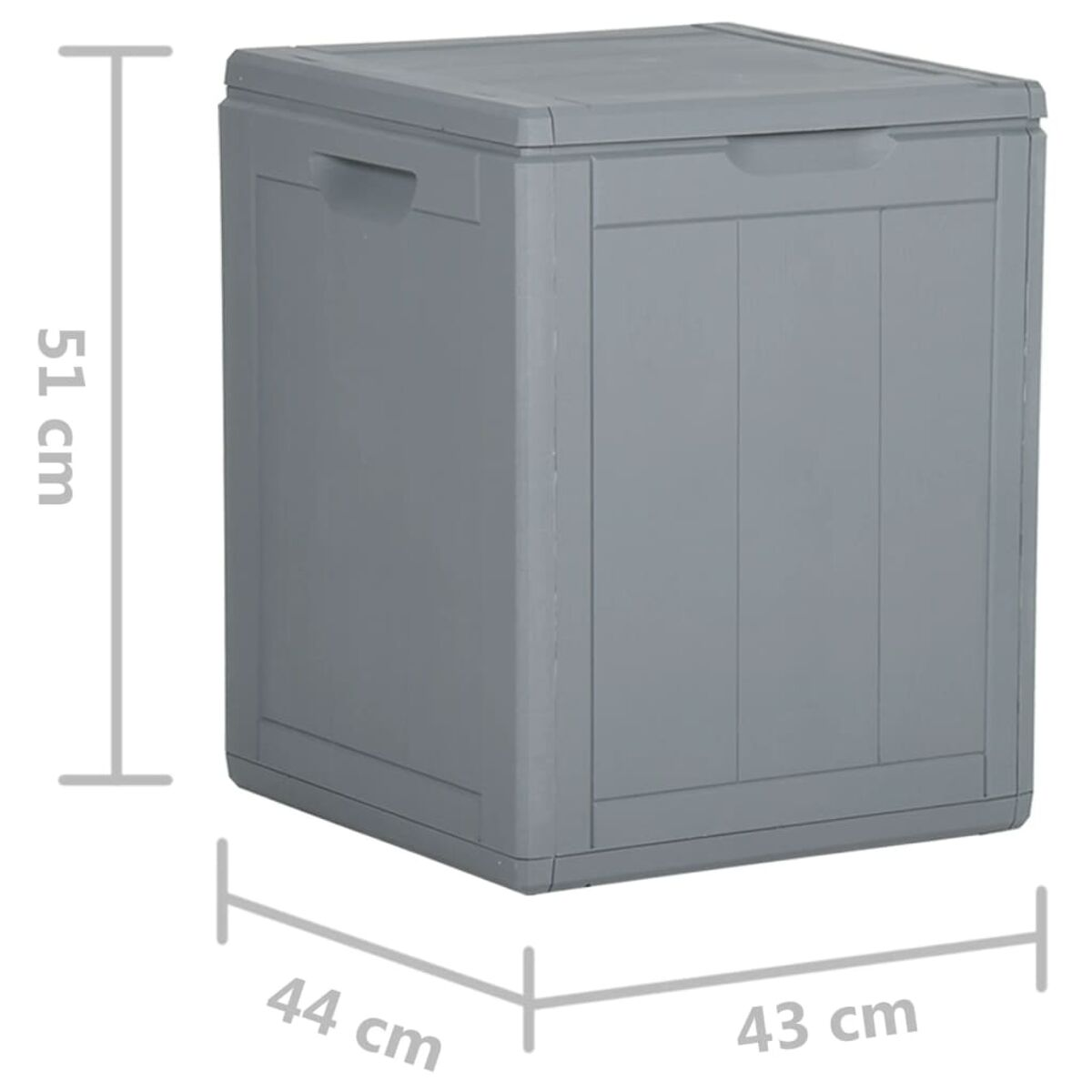 Graue quadratische Aufbewahrungsbox mit Deckel. Abmessungen werden angezeigt.