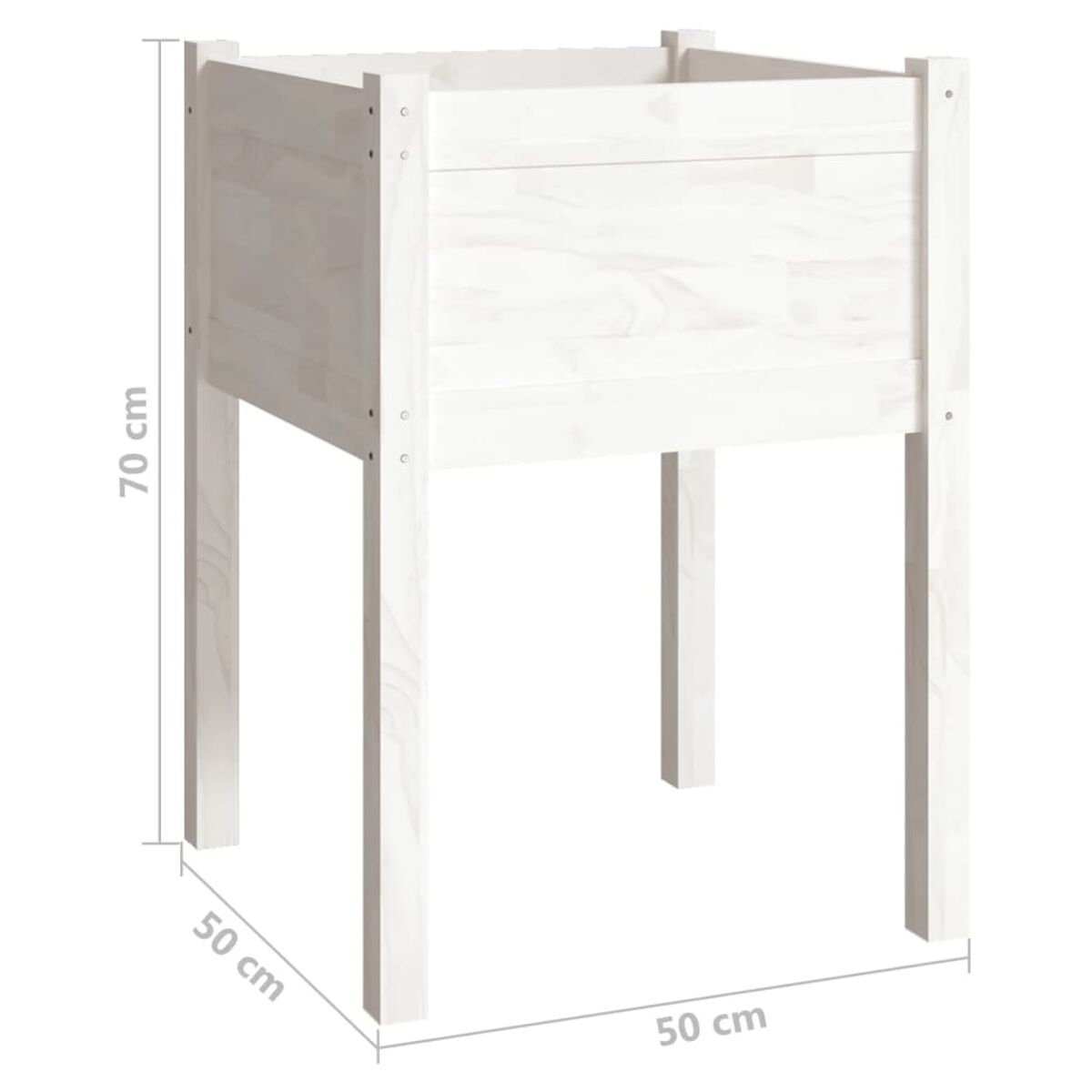 Weißer Holzpflanzer. Quadratisches Design mit hohen Beinen, isoliert auf weißem Hintergrund.