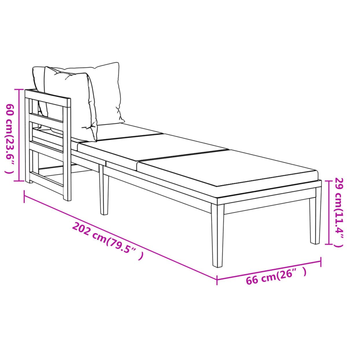 Ein Diagramm einer Chaiselongue mit Abmessungen in cm und Zoll.