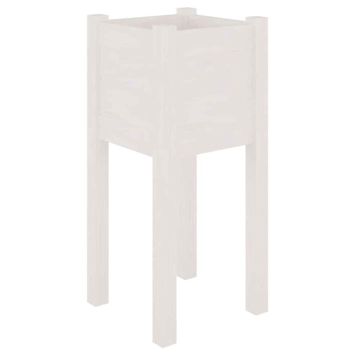 Weißer Holzpflanzer. Quadratische Form, hohe Beine, isoliert auf weißem Hintergrund.