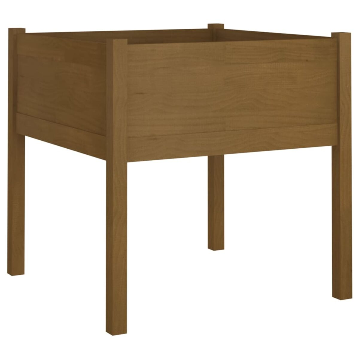 Braune Pflanzkiste aus Holz auf Beinen, mit sichtbarer Holzmaserung.