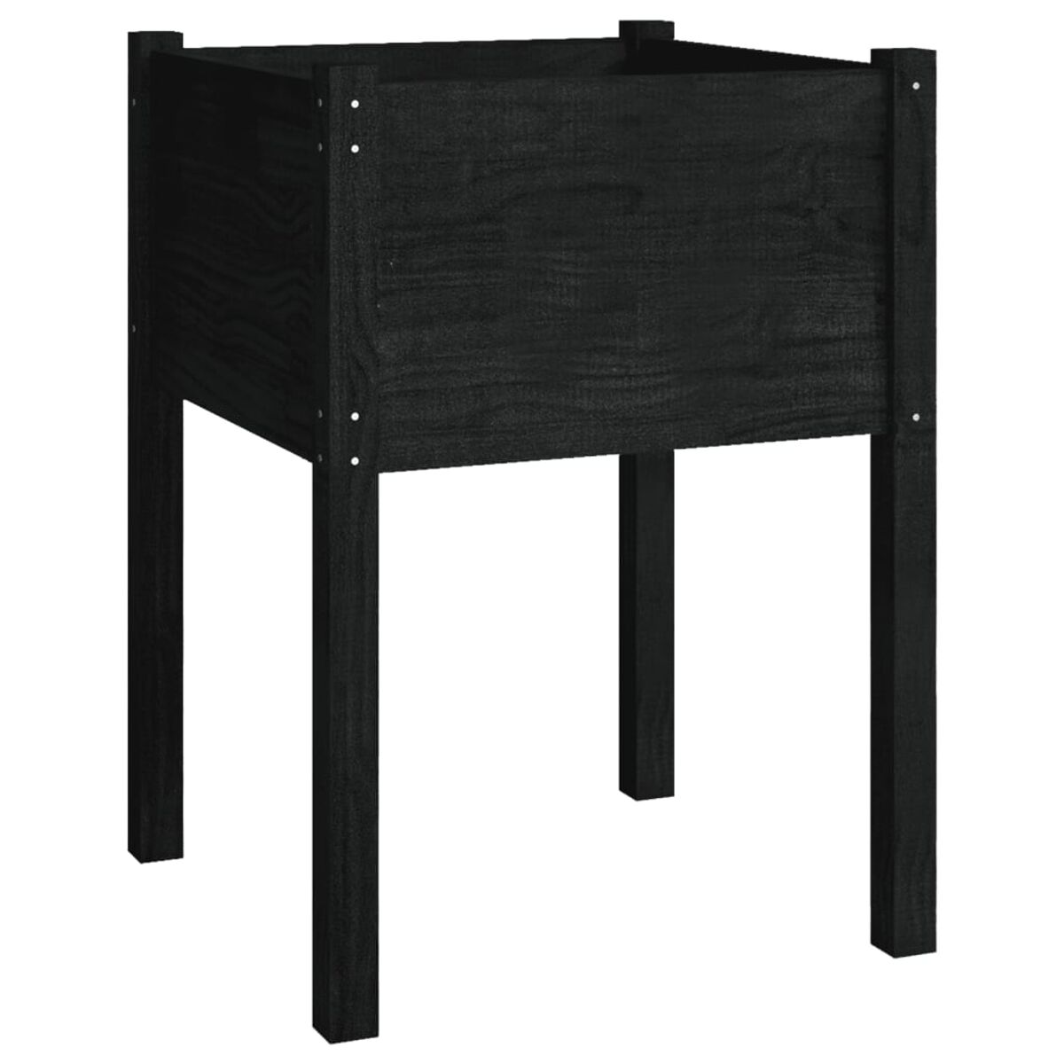 Eine schwarze Pflanzkasten aus Holz mit quadratischer Form und hohen Beinen.