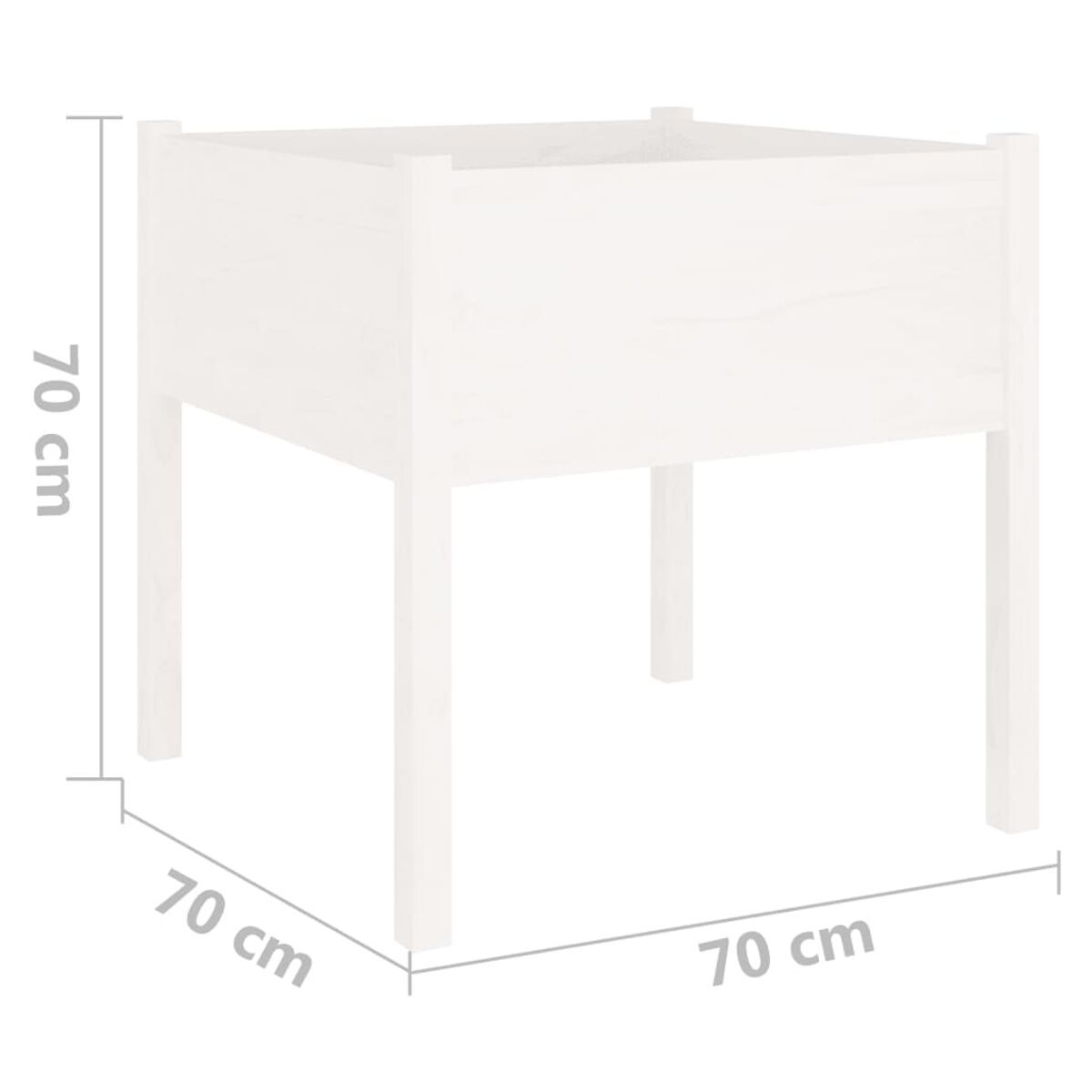 Ein weißer quadratischer Pflanzkübel mit beschrifteten Abmessungen.