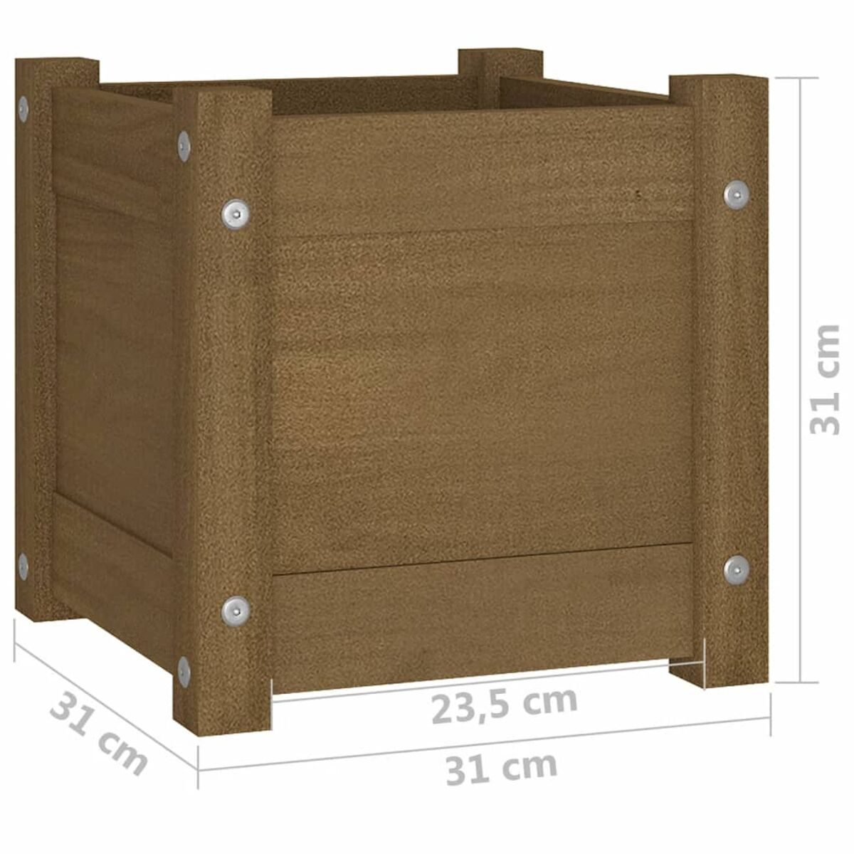 Eine quadratische, braune Holzpflanzkasten mit Maßangaben. Metallschrauben sichern die Ecken.