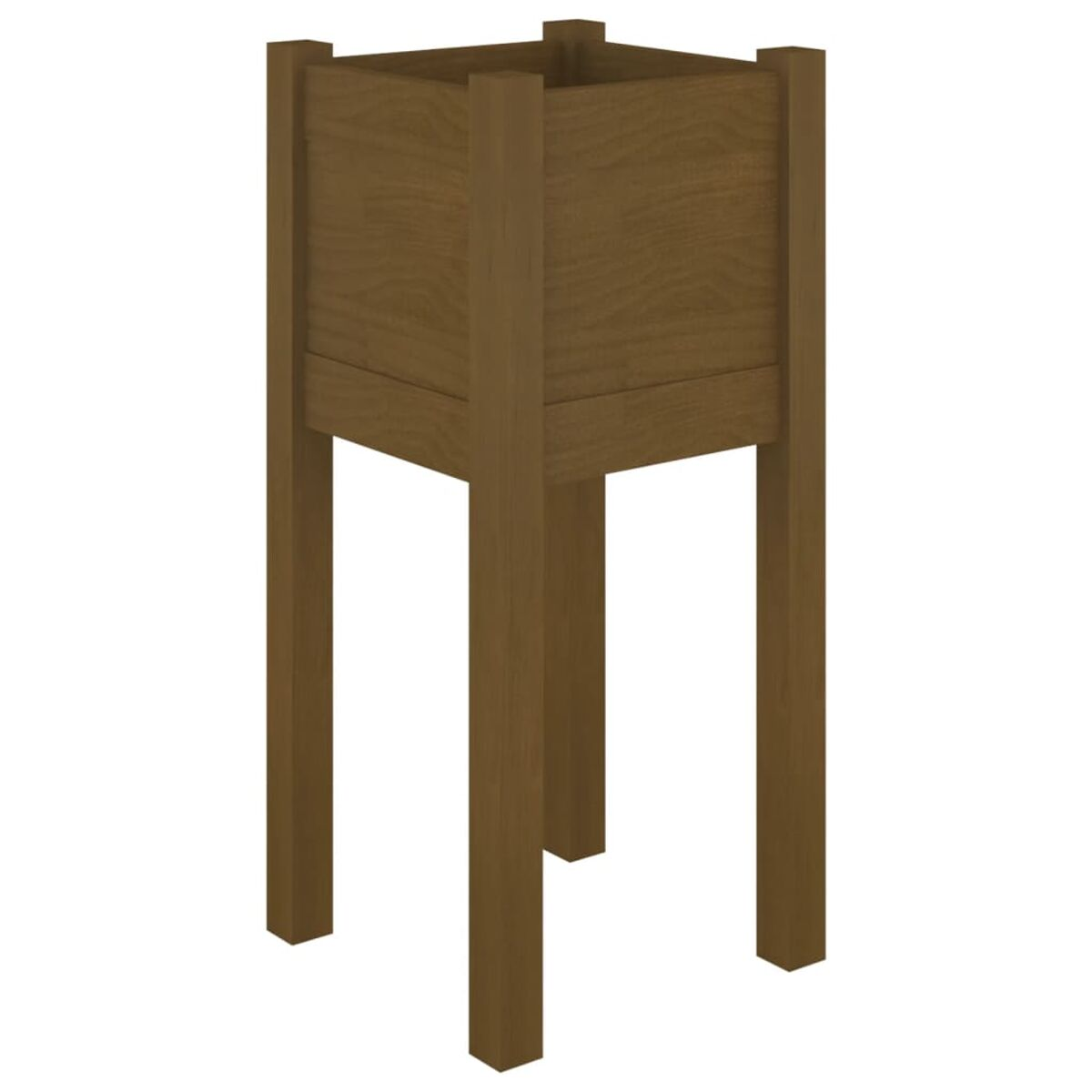 Pflanzkasten aus Holz. Braune Farbe. Quadratische Form. Erhöht auf vier Beinen. Einfaches Design.