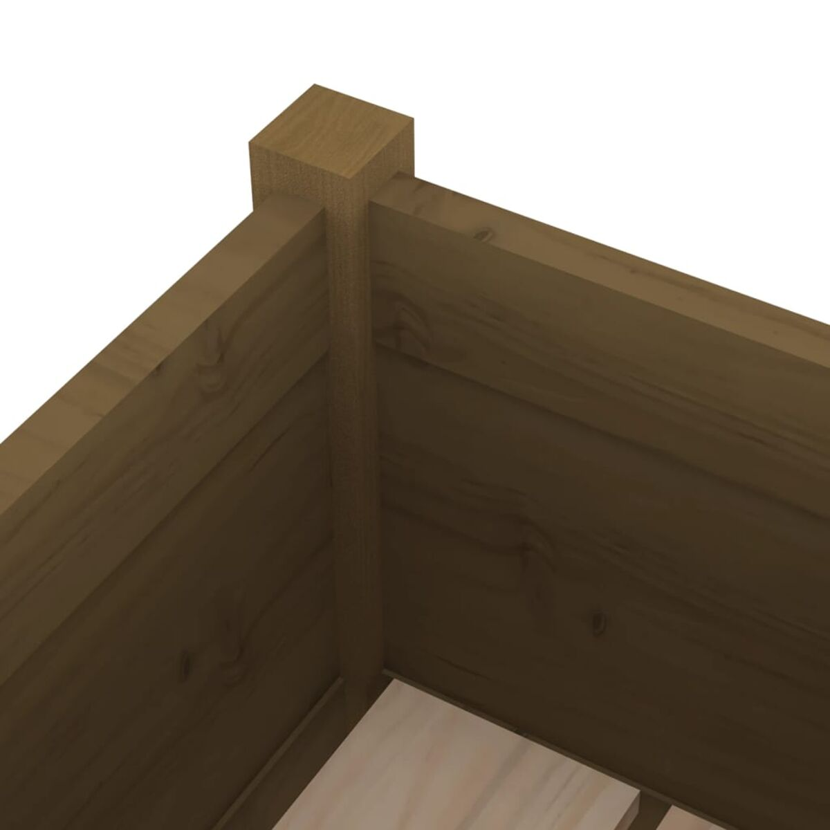 Nahaufnahme einer Holzecke, die die Verbindung zweier Holzpaneele zeigt.