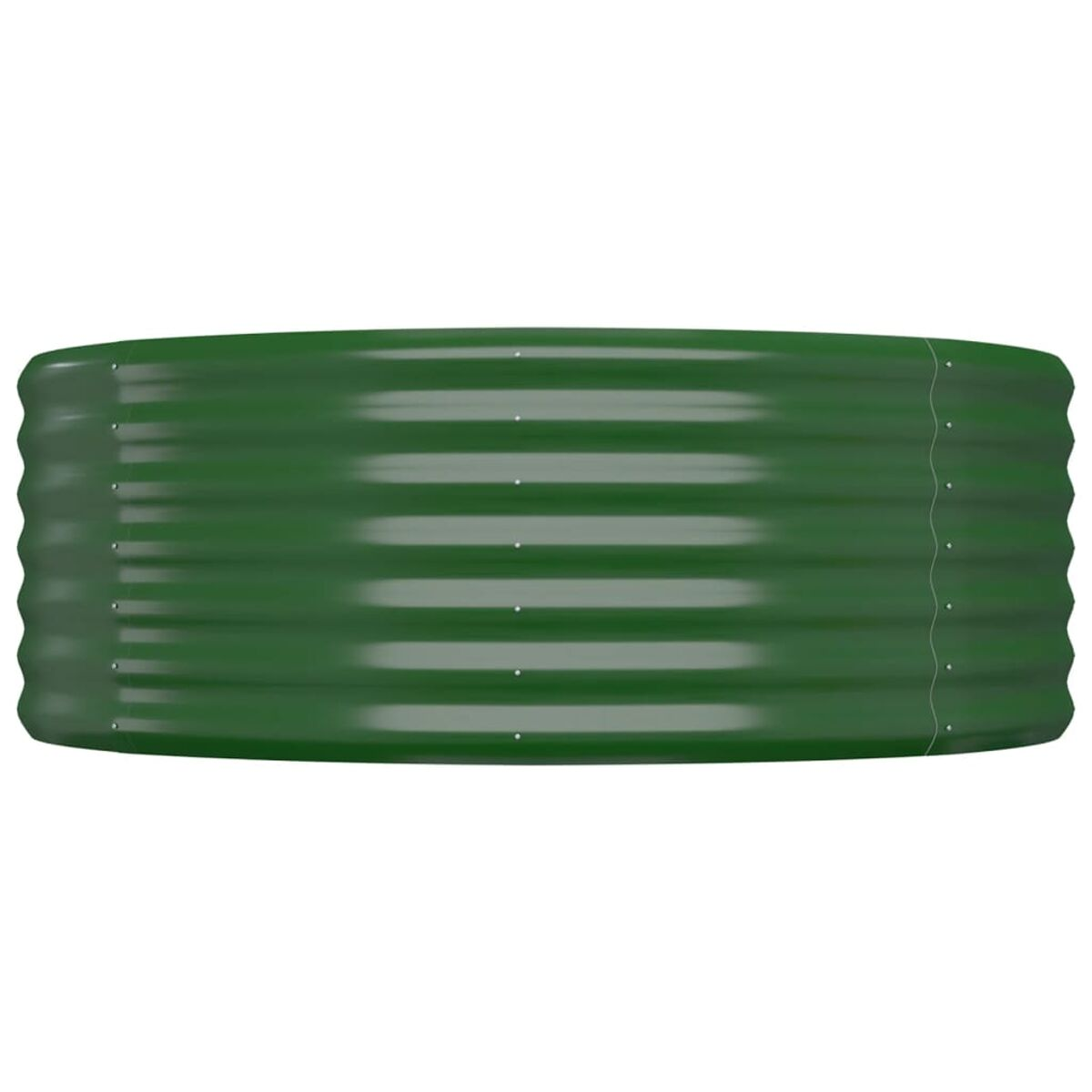 Grüner, runder, gewellter Metallpflanzer. Horizontale Rippen bedecken die Oberfläche.