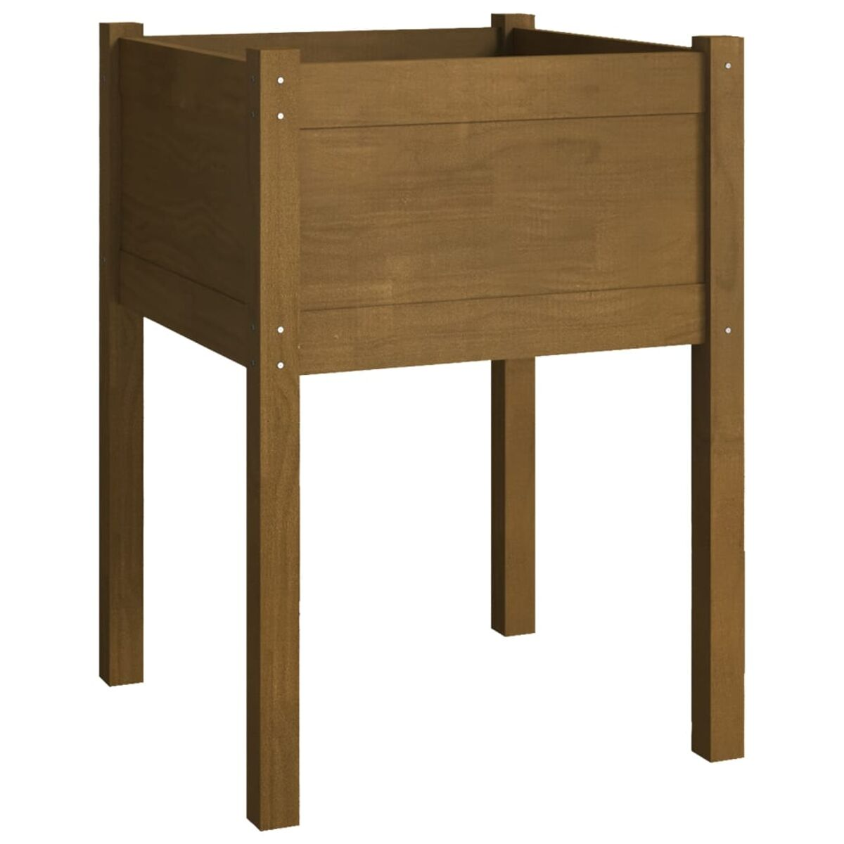 Ein erhöhter Pflanzkasten aus Holz mit Beinen. Das Holz ist braun.