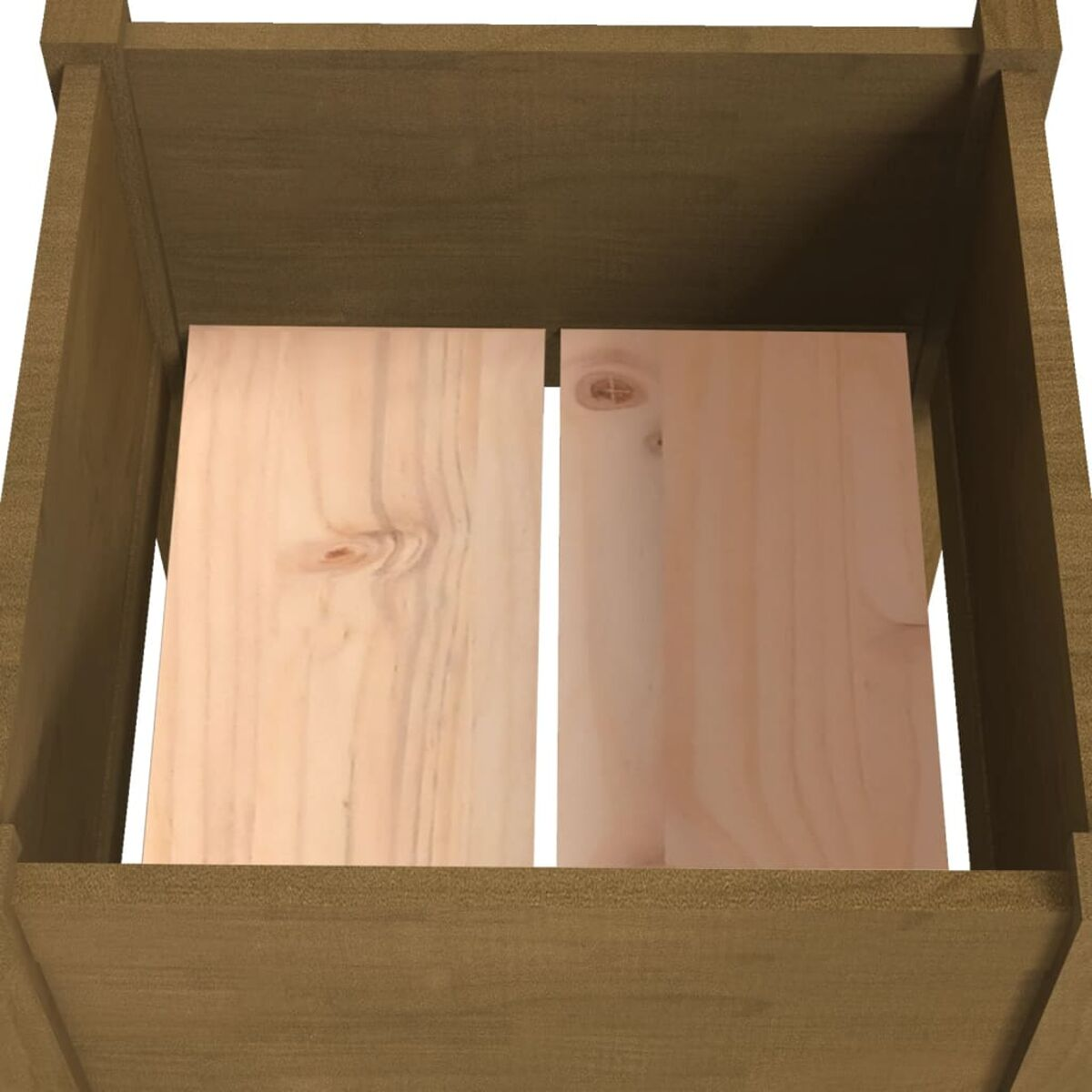 Draufsicht auf eine Holzkiste. Zwei Holzbretter im Inneren der Kiste. Braune Holzfarbe.