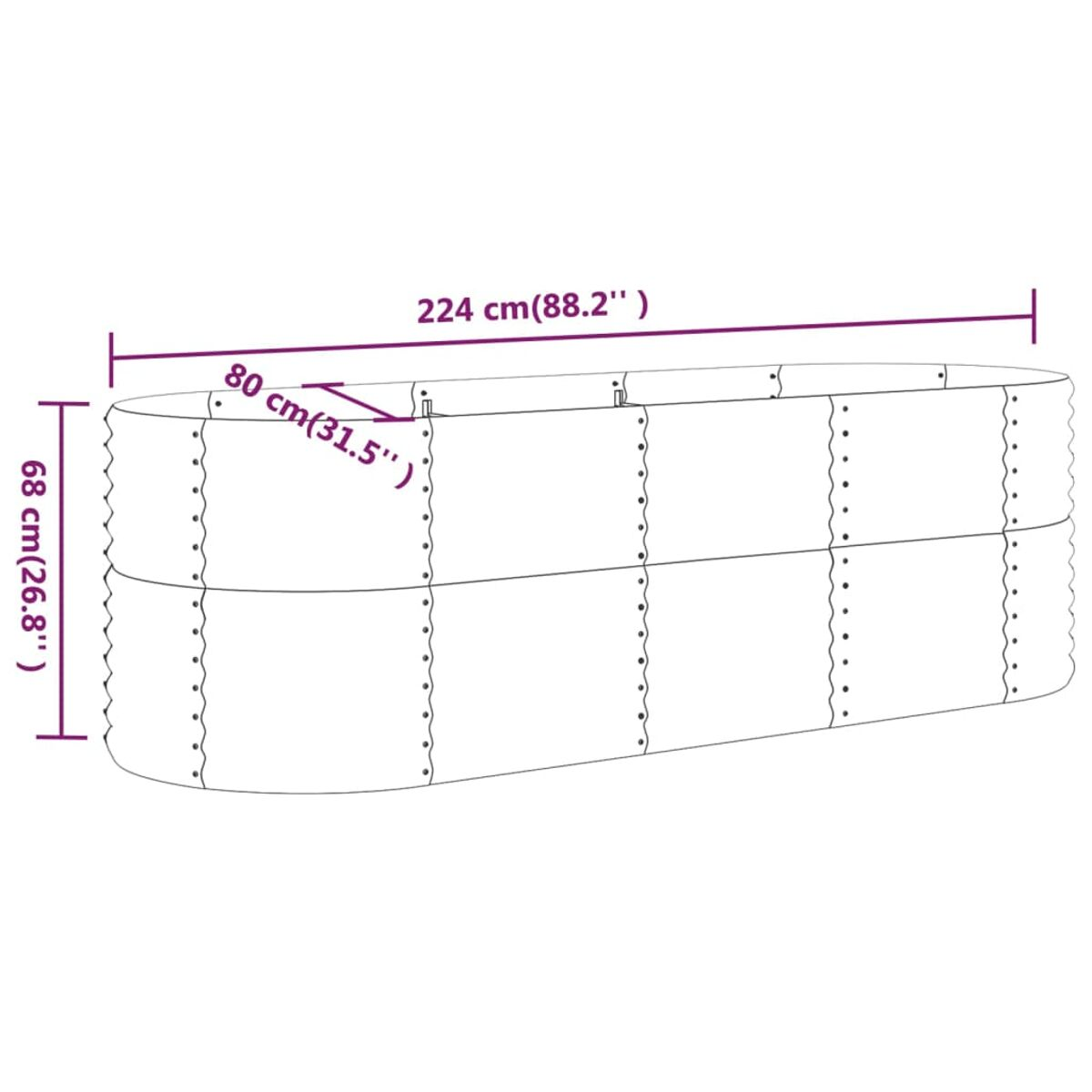 Ein langer, ovaler, zweistöckiger Pflanzkasten. Der Pflanzkasten ist schwarz und hat die Maße 224 cm x 80 cm x 68 cm.