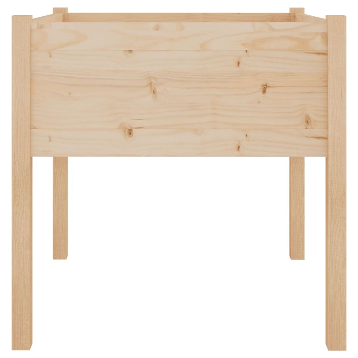 Pflanzkasten aus Holz auf Beinen. Helle Holzfarbe. Weißer Hintergrund.