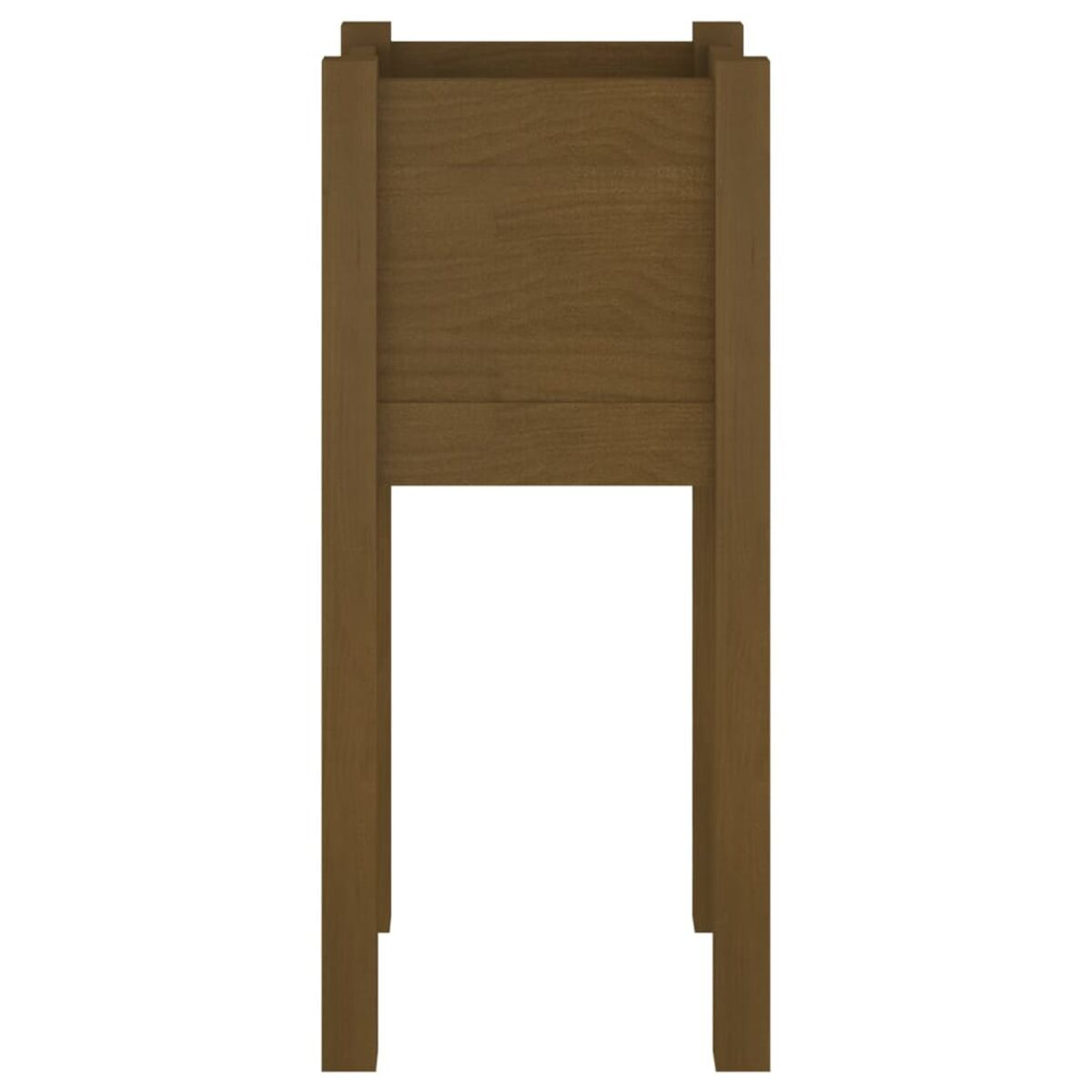 Ein brauner Pflanzkasten aus Holz mit vier Beinen, von vorne betrachtet.
