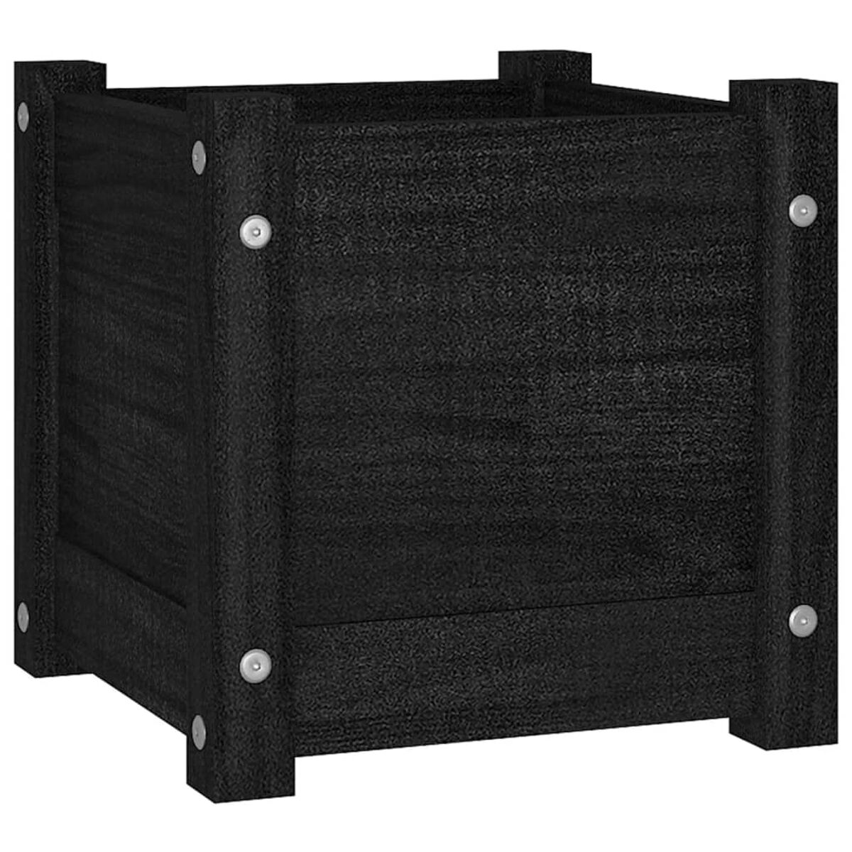 Schwarzer quadratischer Pflanzkasten aus Holz. Silberne Nieten sichtbar.